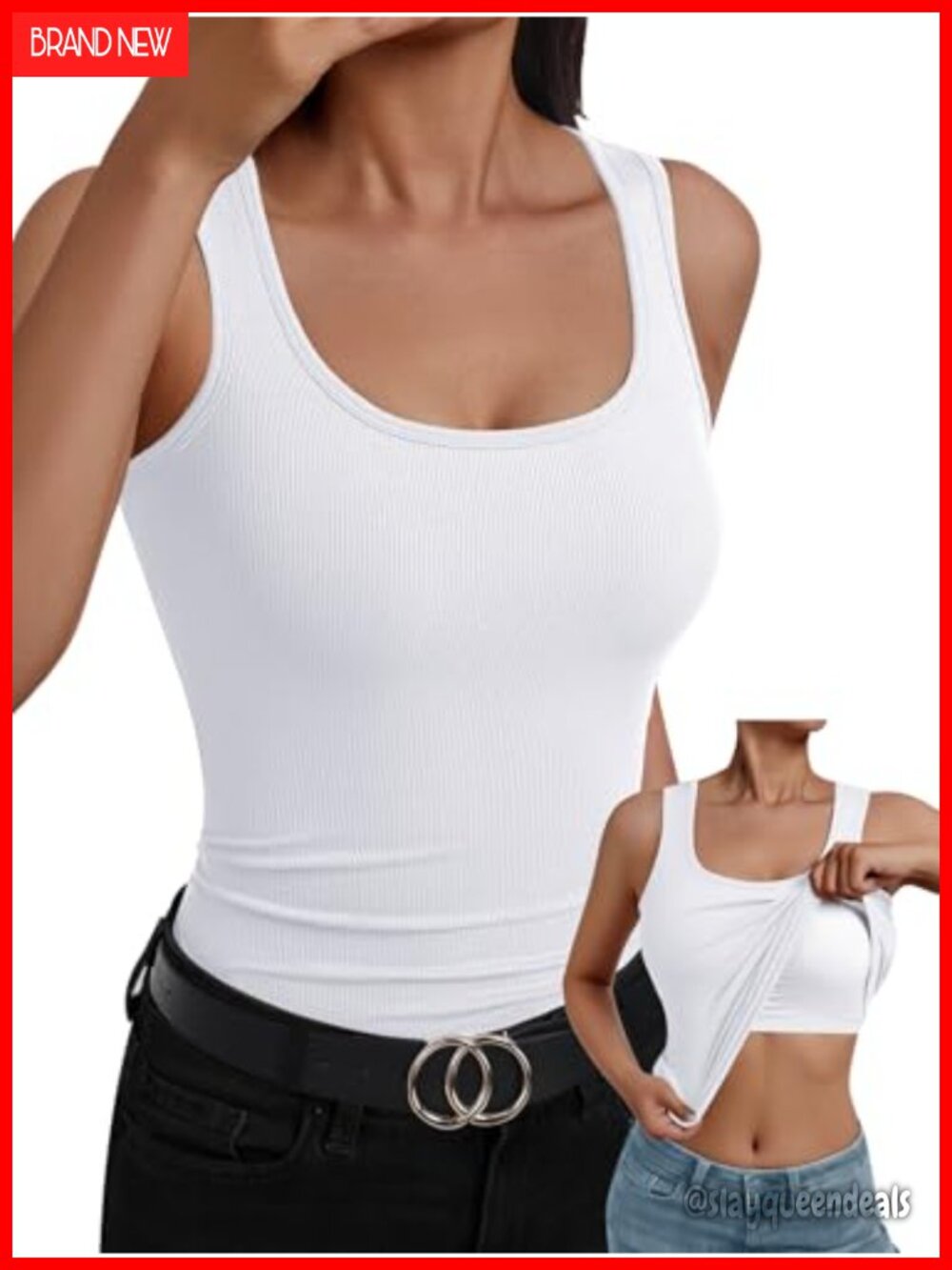 Built in Bra Tank Top for Women Ribbed Scoop Neck Sleeveless Fitted